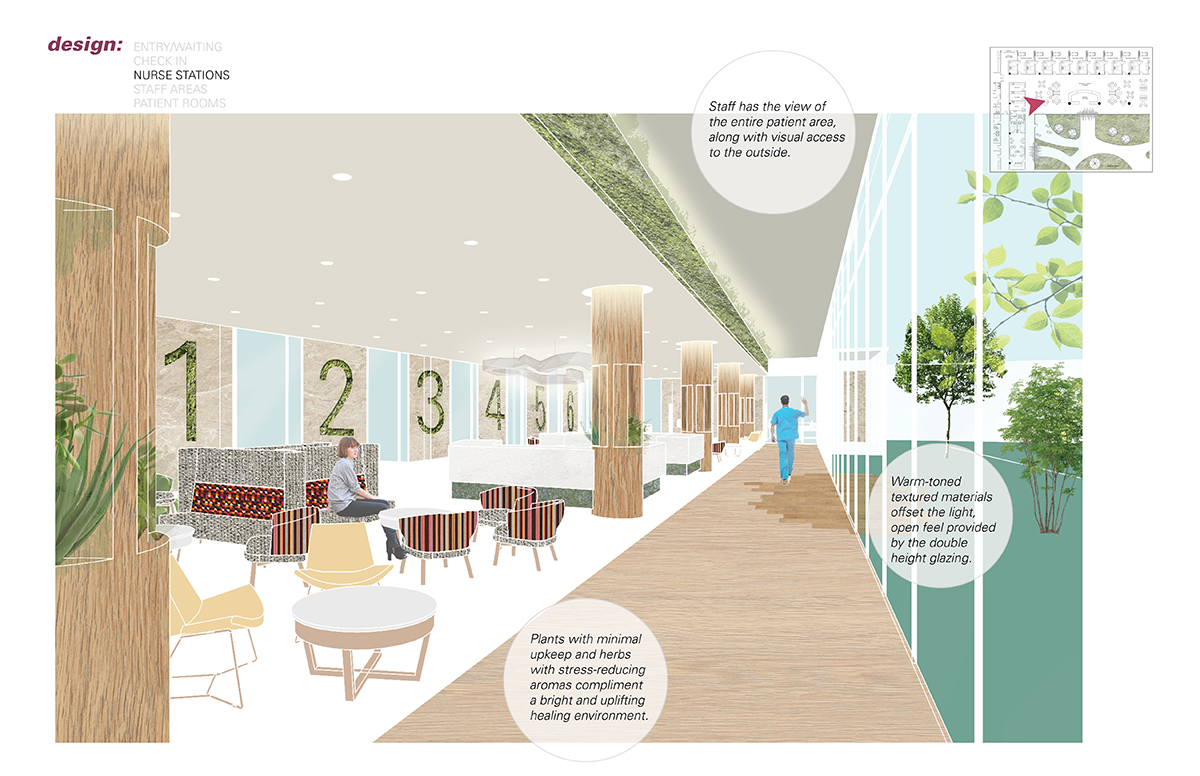 Drawn concept of nurses station hallway with exam rooms, glass wall and person waiting
