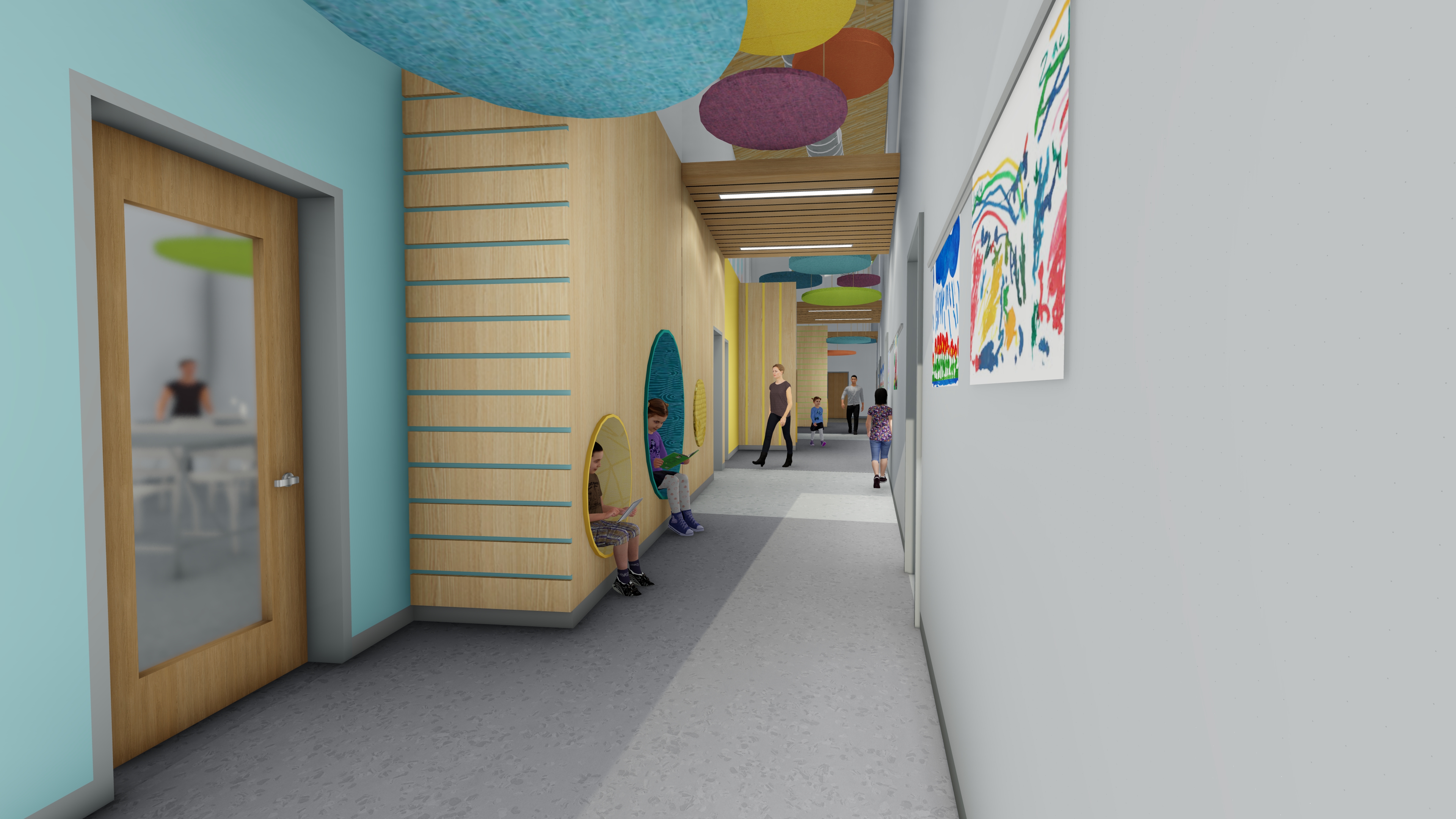 The Maine Behavioral Healthcare (MBH) Center of Excellence in Autism and Developmental Disorders' hallway with seating nooks and colorful artwork