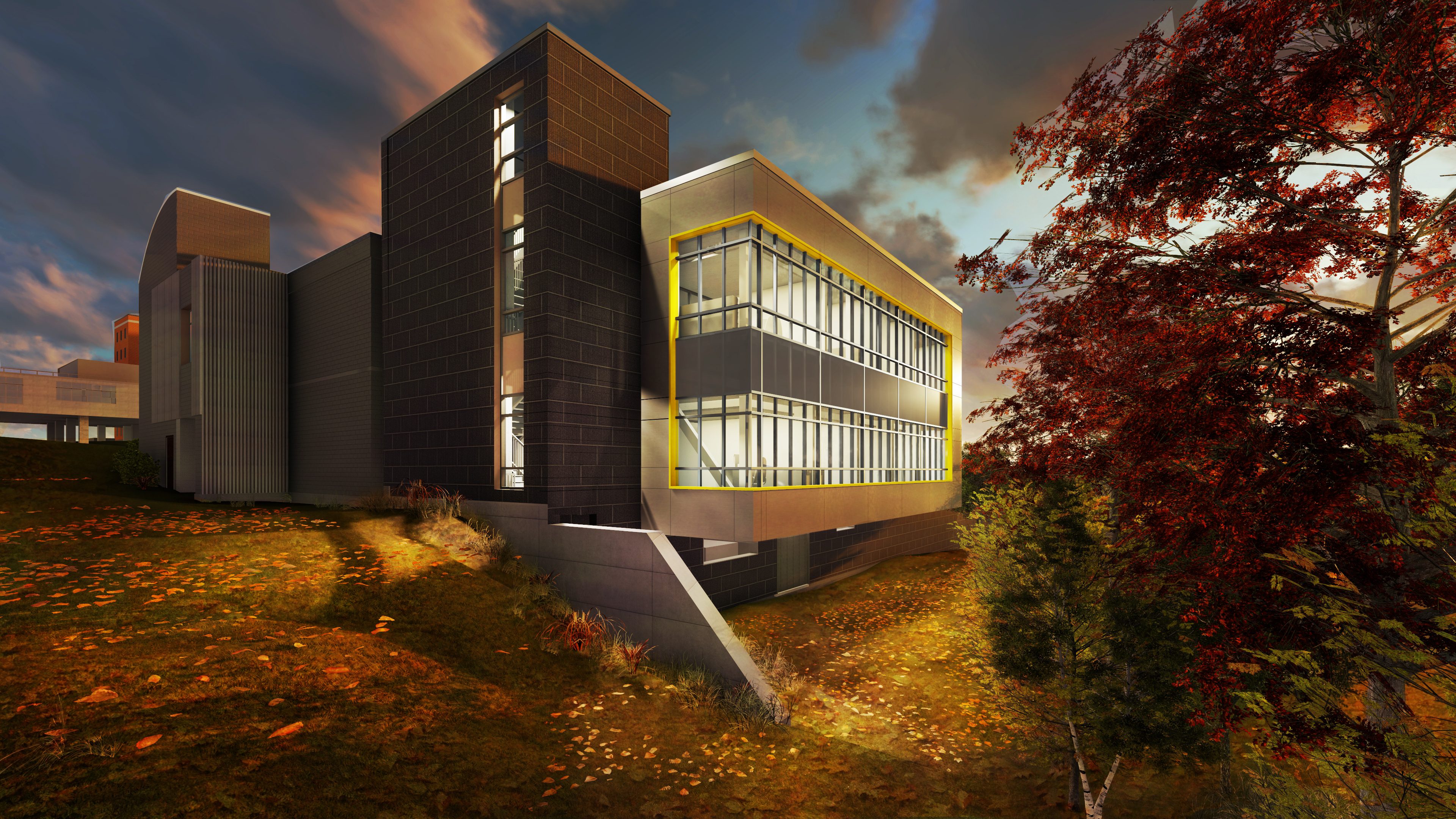 The Center for Neurorestoration and Neurotechnology Research exterior in fall with brick accents and touches of yellow