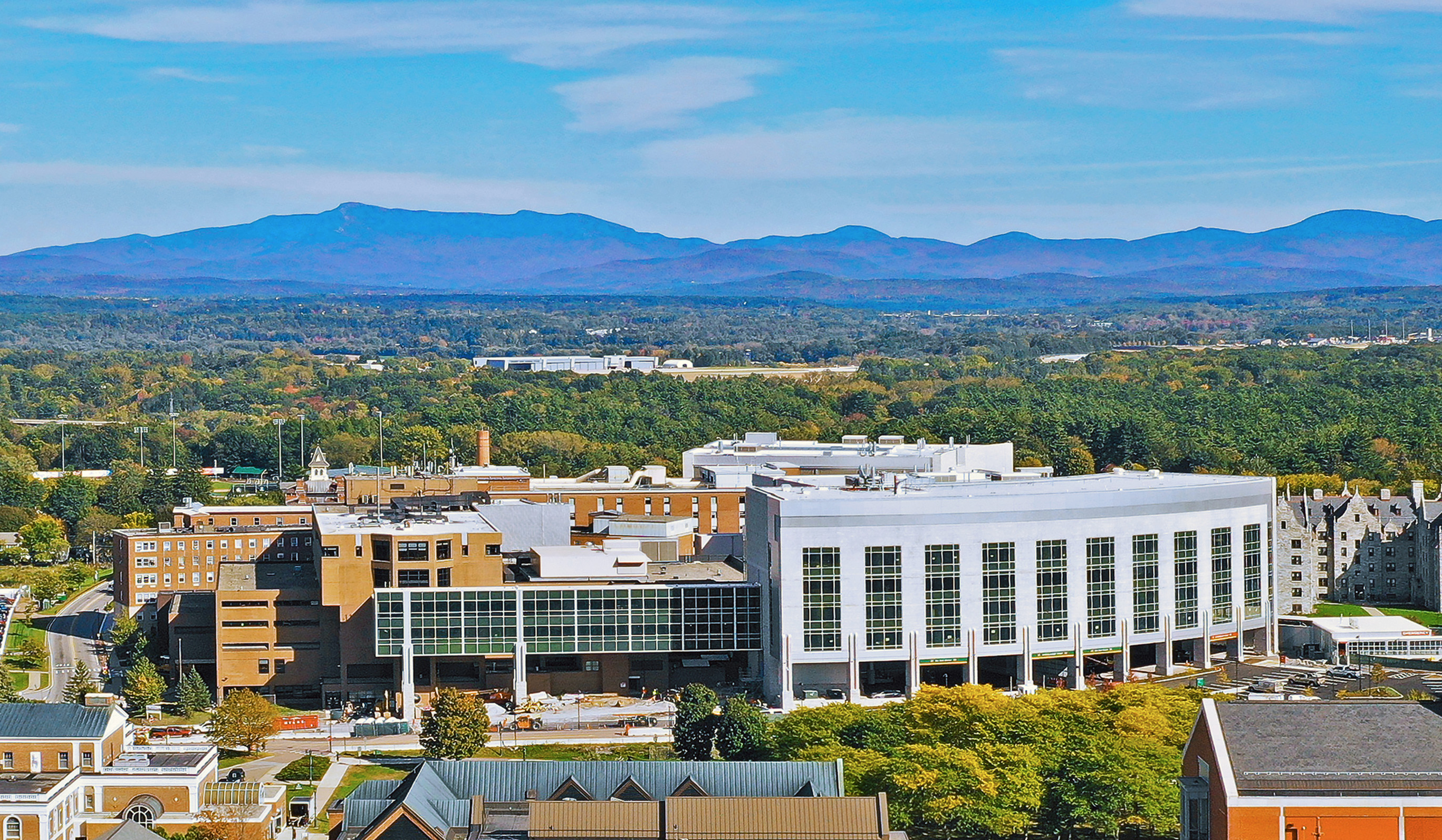 University of Vermont Medical Center aerial shot with views of the mountains and Burlington