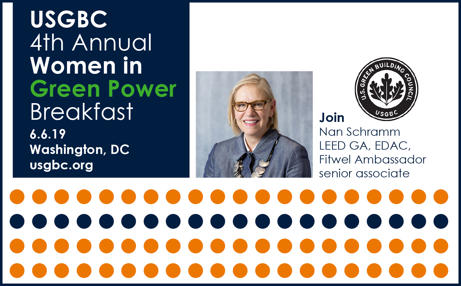 Women in Green Power Breakfast graphic with blue and orange polka dots and a photo of a smiling woman