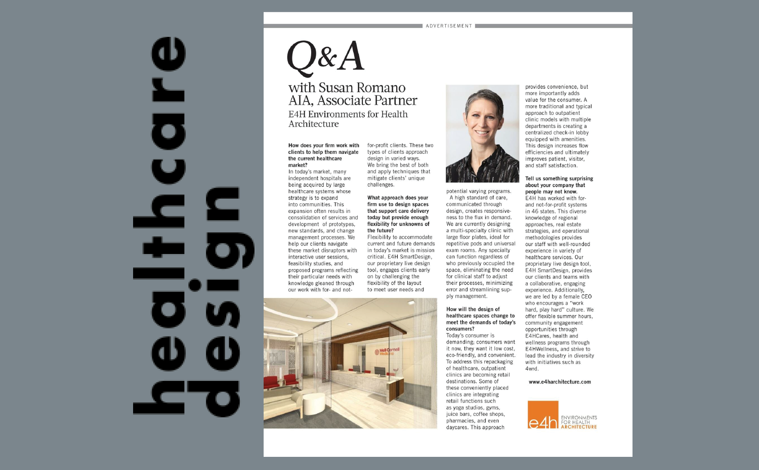 Healthcare design graphic with feature article and a picture of a woman smiling