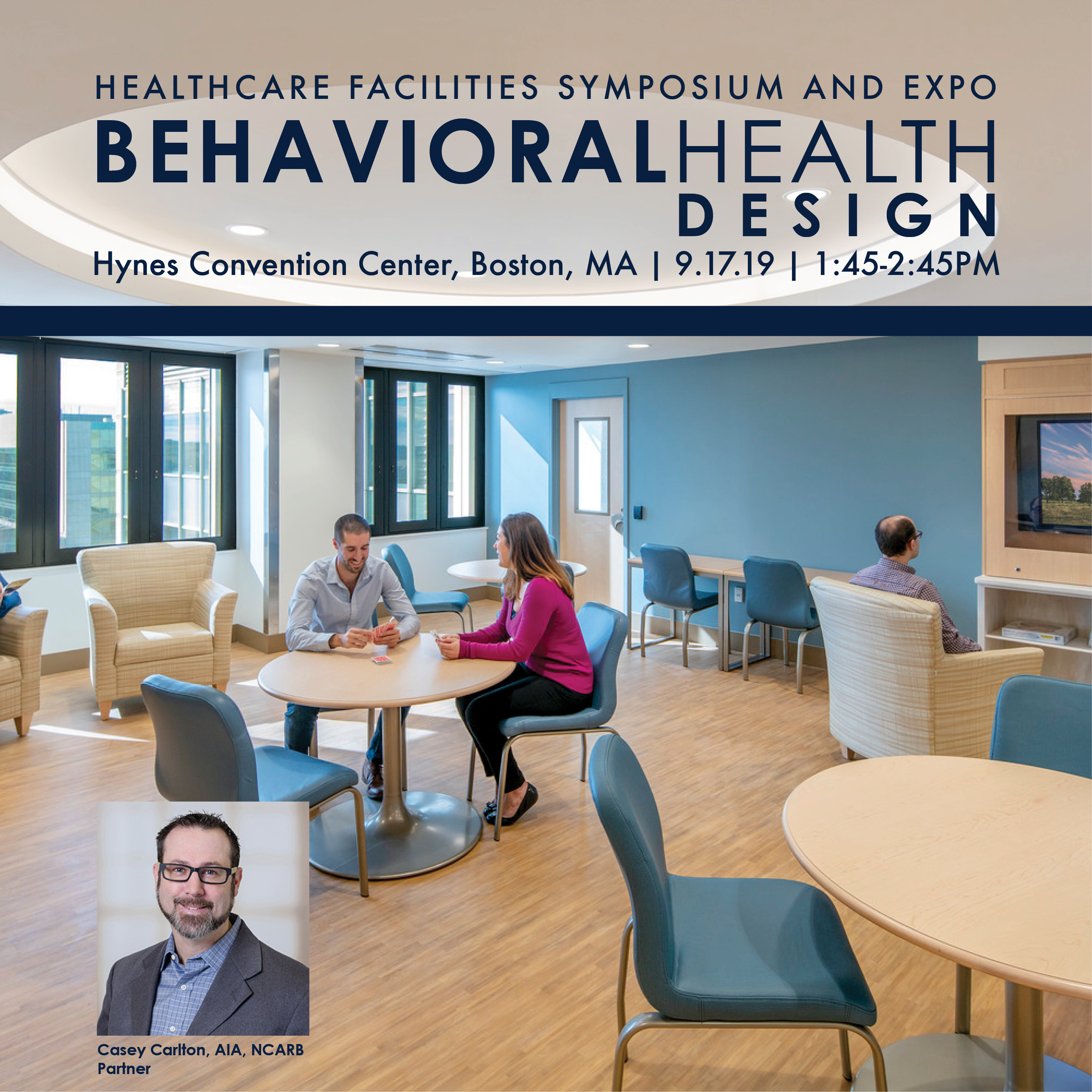 Poster for Boston Healthcare Facilities Symposium and Expo, featuring a man and woman smiling playing a card game, while a man watches TV in a room of tables and chairs