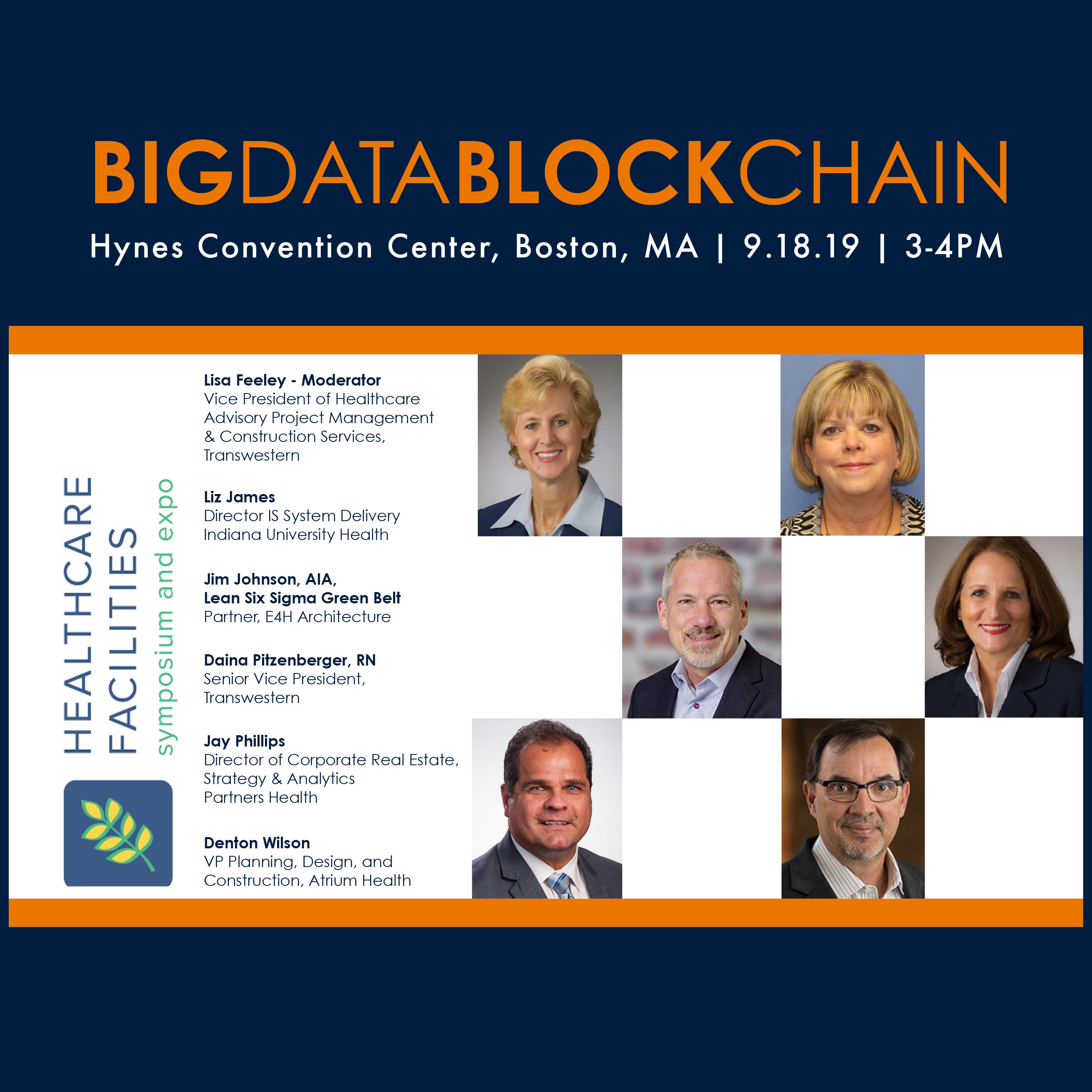 Big Data Blockchain event graphic featuring six presenter photos and event information