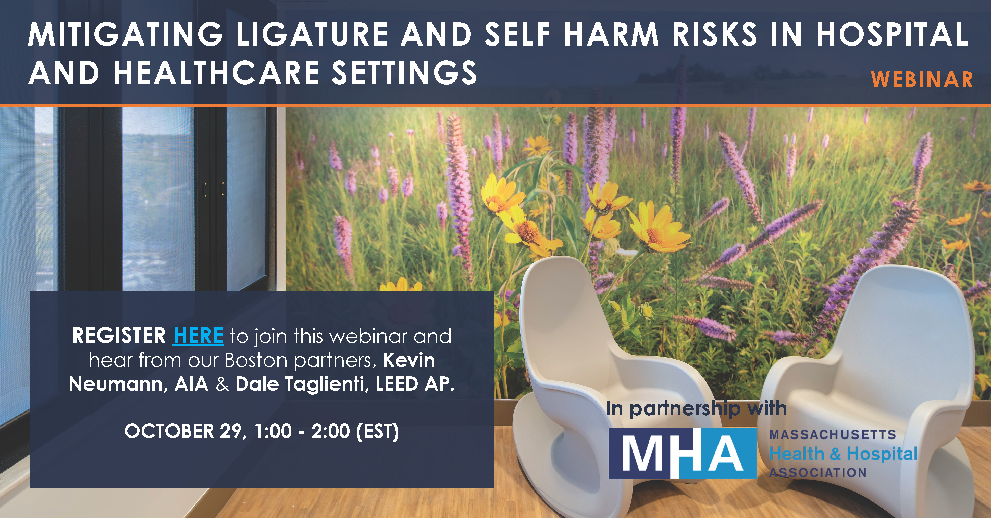 Two chairs with a picture of flowers in the background and MHA logo