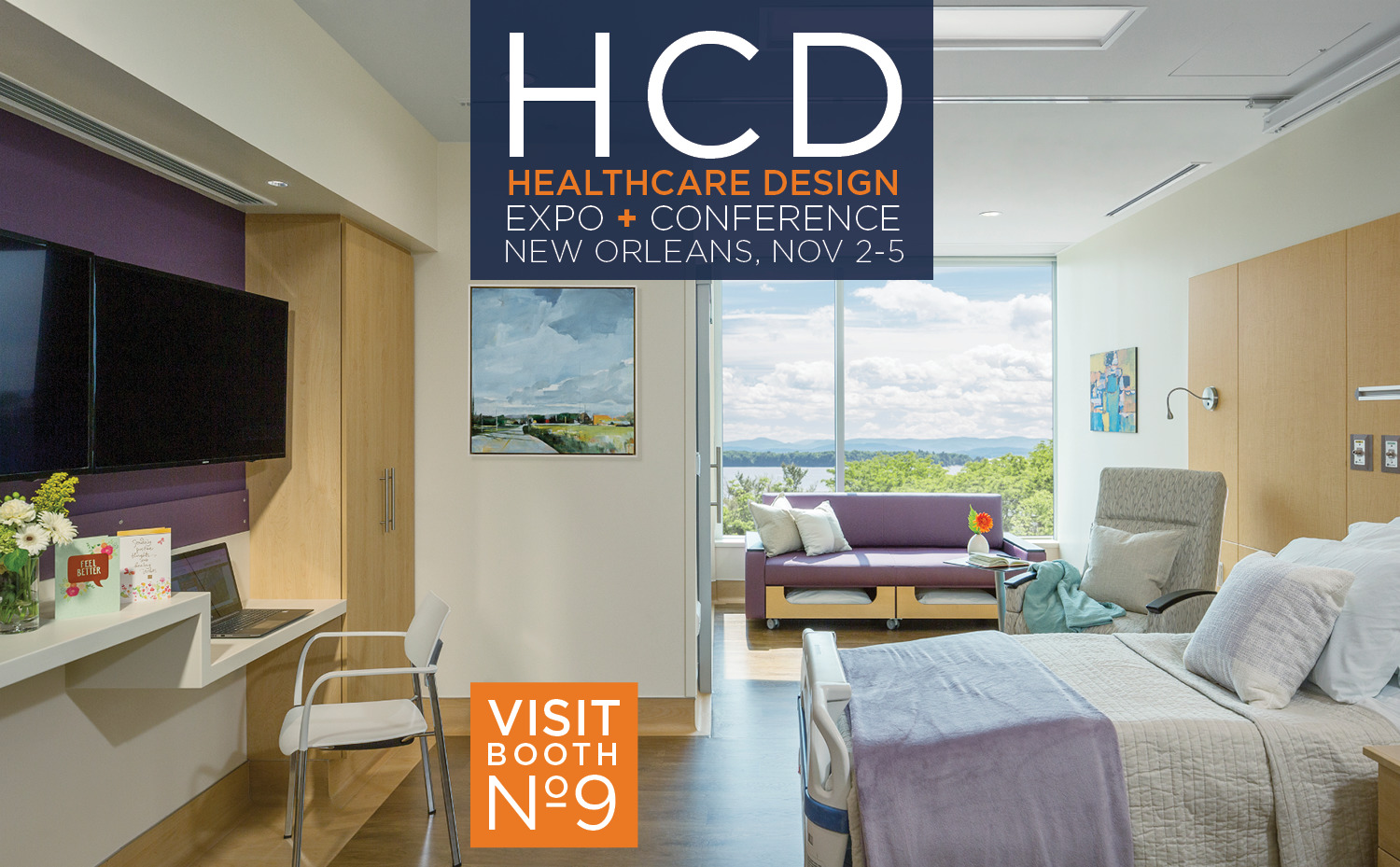 Hospital patient room with bed, couch, chair, exam desk and television against the HCD logo