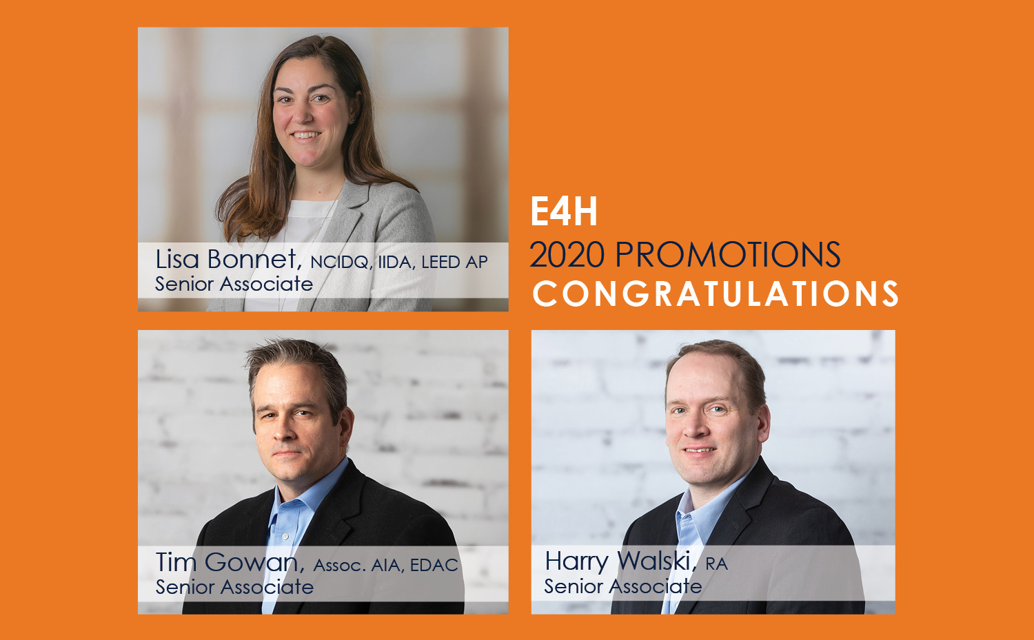 Portraits of two men and one women - Lisa Bonnet, Tim Gowan, and Harry Walski who received promotions